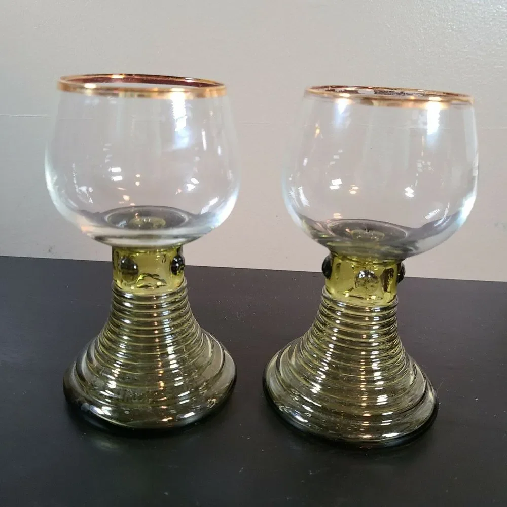 Bohemian Style Glass Goblets Handblown Beehive Base Green Gold Trim